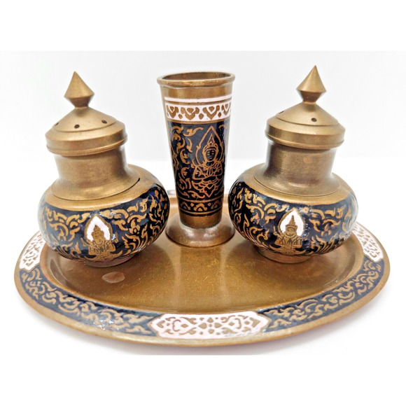 Unbranded Other - VINTAGE 4 PIECE CLOISONNE BRASS SALT/PEPPER/TOOTHPICK HOLDER 2" TALL